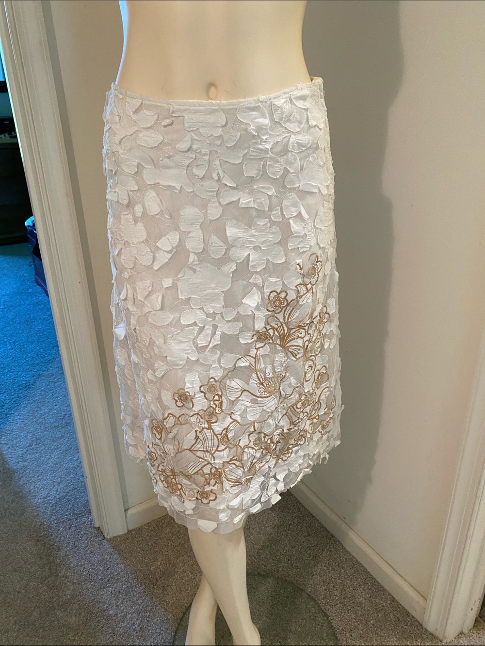 White Pencil Skirt with Gold Floral Embroidery with Sequins